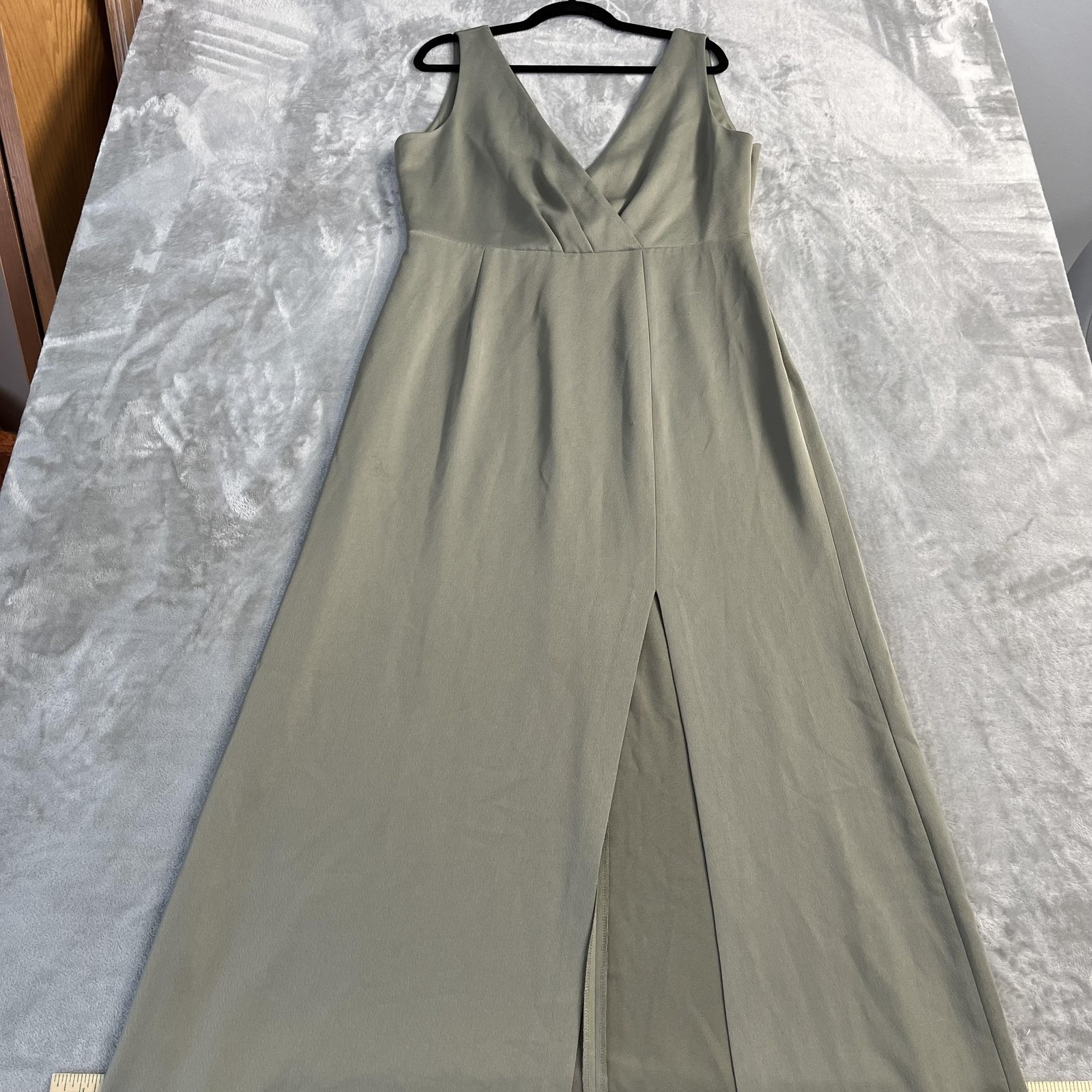 Bhldn Dress Womens 16 Green V Neck Sleeveless Maxi Front Slit Bridesmaid Formal